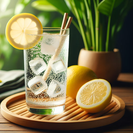 Glass of lemonade with ice cubes and lemon slices on wooden tableの素材
