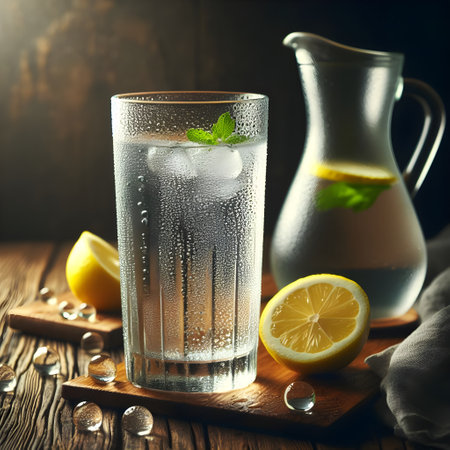 Glass of lemonade with ice cubes and lemon slices on wooden tableの素材