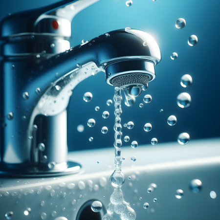 Water drops flowing from the faucet, close-up.の素材