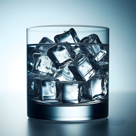 Glass of water with ice cubes on blue background. 3d illustrationの素材