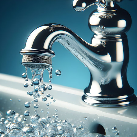Water tap with water drops on blue background. 3d illustration.の素材
