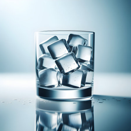 Glass of water with ice cubes on blue background. 3d illustrationの素材