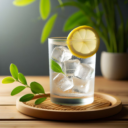 Cocktail with lemon, ice cubes and green leaves on wooden tableの素材