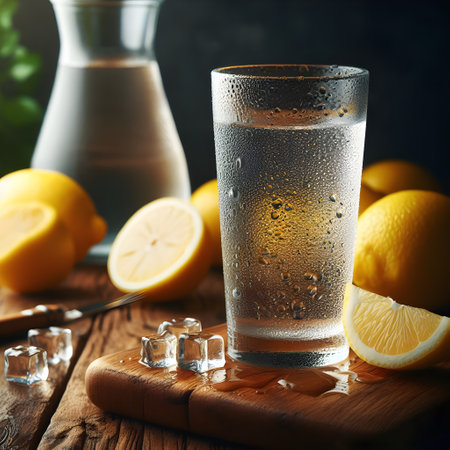 Glass of cold water with ice cubes and lemons on wooden backgroundの素材