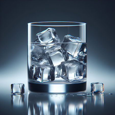Glass of ice cubes on a dark background. 3d rendering.の素材