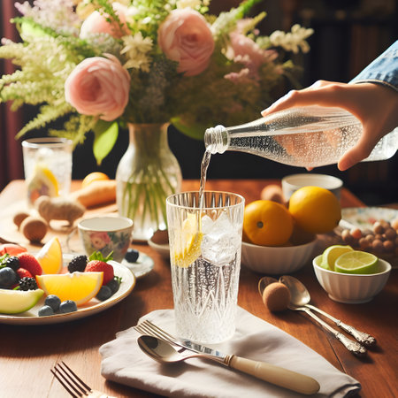 Woman pouring water from bottle into glass on table with fresh fruits and berriesの素材