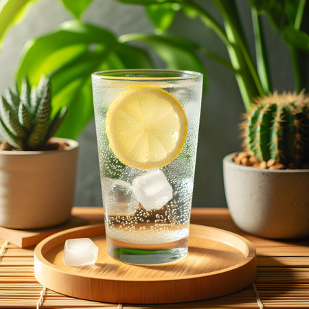 Glass of lemonade with ice cubes and cactus on wooden tableの素材