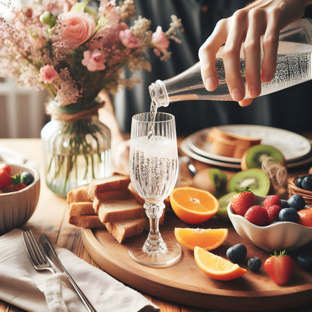 Woman pouring champagne into a glass on a wooden table with fruits.の素材