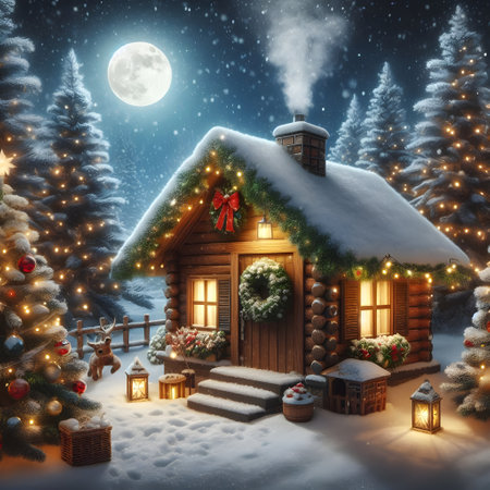 Christmas house in the forest at night. 3D illustration. Festive background.の素材