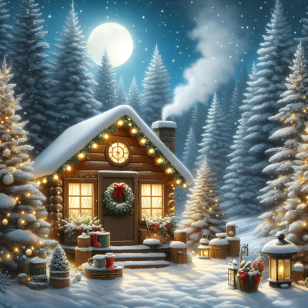 Christmas cottage in the forest at night. 3d illustration. Festive background.の素材