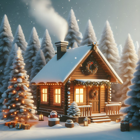 Beautiful wooden house in the winter forest. Christmas and New Year background.の素材