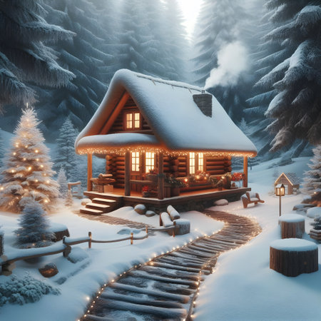 Wooden cottage in the mountains. Christmas background. 3D illustration.の素材