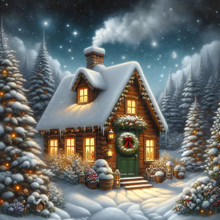 Christmas house in a snowy forest. 3D illustration. Christmas background.の素材