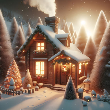 3d illustration of christmas cottage in the snowy forest with lightsの素材