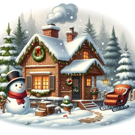 Winter cottage with snowman and christmas tree. Vector illustration.の素材