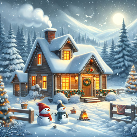 Winter landscape with cozy wooden house and snowman. Christmas background.の素材