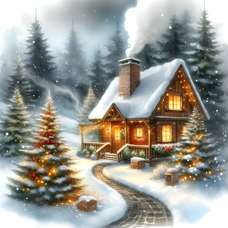 Winter cottage in the forest. Christmas and New Year background. Vector illustration.の素材
