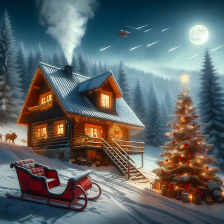 Christmas and New Year background with a house in the mountains. Christmas tree and Santa Claus sleighの素材
