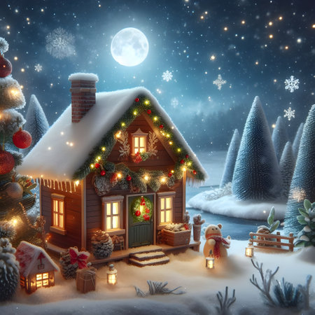 Christmas house in the forest at night with full moon. 3D illustration.の素材