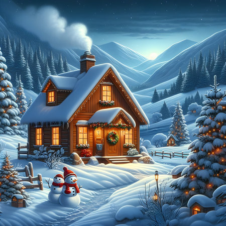 Winter landscape with snowy house and snowman. Christmas background. 3D illustration.の素材