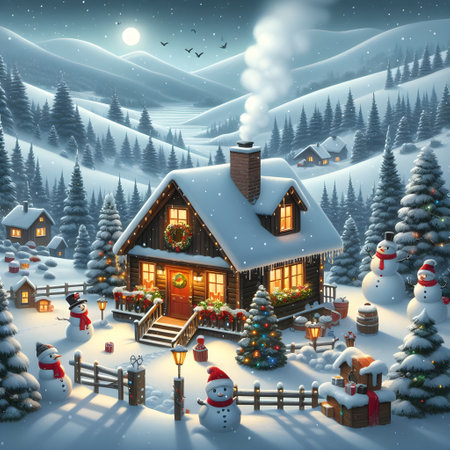 Christmas village with snow covered houses and Santa Claus. 3d illustrationの素材