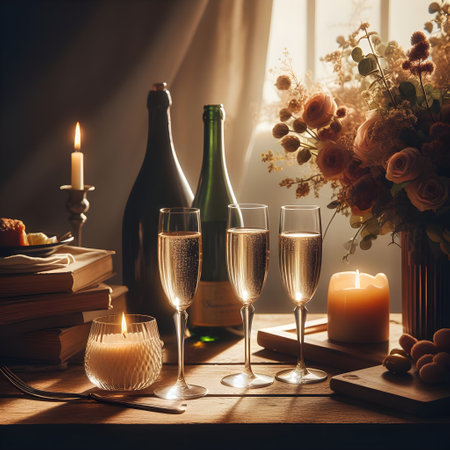 Glasses of champagne, candles, books and flowers on a wooden tableの素材