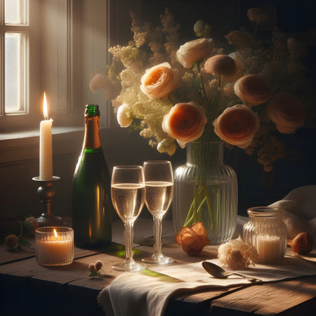 Romantic still life with two glasses of champagne, candles and flowersの素材
