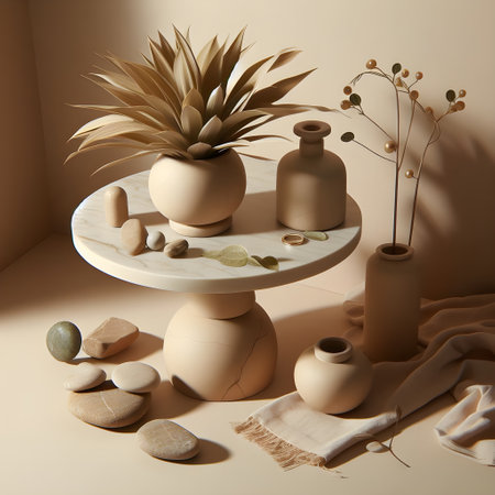3d render of a composition of ceramic vases on a beige backgroundの素材