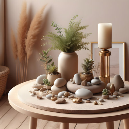 3d render of a living room interior with a round table, a plant and a candleの素材