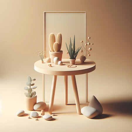 Interior of modern living room with round coffee table, plant in pot, potted cactus and golden frame. 3d renderの素材