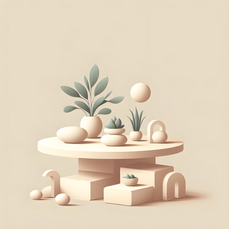 3d render of abstract minimal geometric composition with podiums and plantsの素材