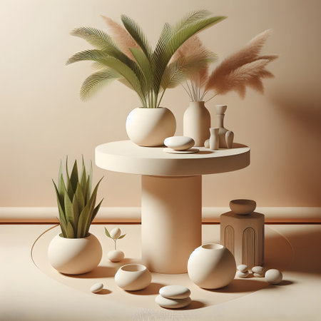 3d render of minimalistic composition with podiums, pampas grass and plantsの素材