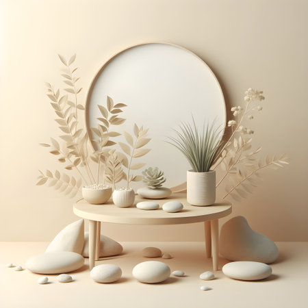 3d render, beige background with round mirror and plants in vasesの素材