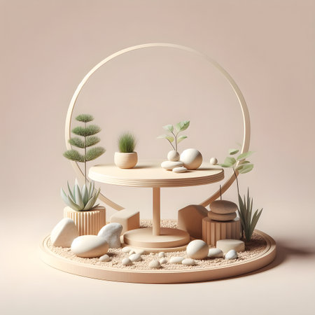 Minimalist composition with round podium and decorative elements. 3d renderの素材