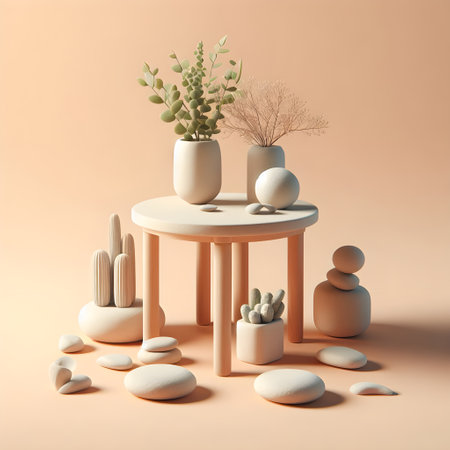 3d render of minimalistic composition with podiums and eucalyptus in vaseの素材