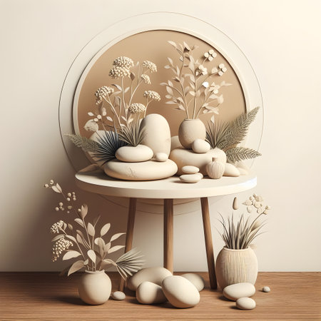 3d render of spa composition with stones and plants in vaseの素材
