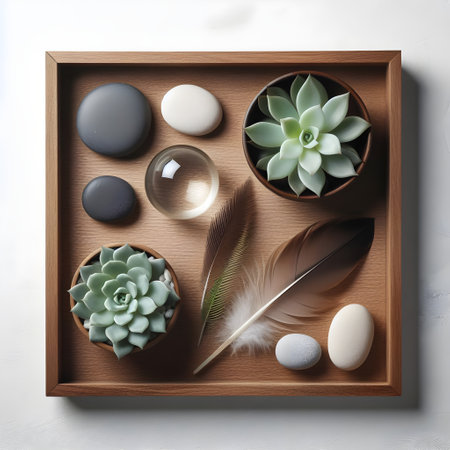 Wooden box with succulents, feathers and stones on light backgroundの素材