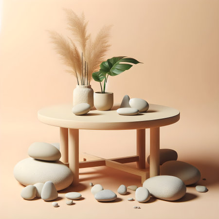 3d render of a round table with pebbles, pampas grass and a vase on itの素材
