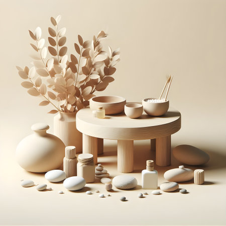 Spa still life with wooden podium, stones, eucalyptus branches and sea salt. 3d renderの素材