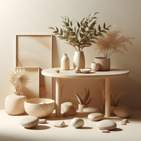 3d render of beige modern interior with vases and plantsの素材