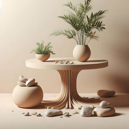 3d render, beige pedestal with plants and pebblesの素材