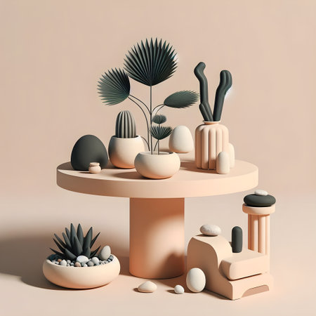 3d render of minimalistic composition with tropical plants in pots.の素材