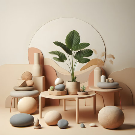 Interior of modern living room with beige walls, concrete floor, round wooden table, round mirror and plants. 3d renderの素材