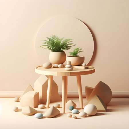 3d render, beige room with a round podium and a plant in a potの素材