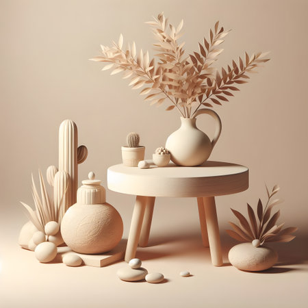 3d render, vase with plants, cactuses and stonesの素材