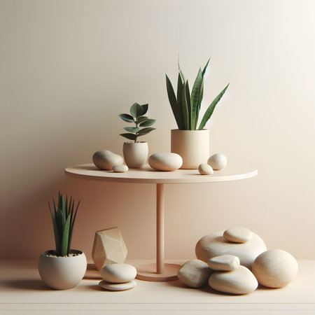 Interior of a modern living room with white wooden shelf and plants. 3d renderの素材
