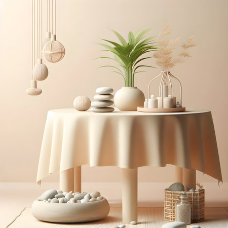 3d render, interior design, beige dining room with round tablerative elements, pampas grass, pampas grass, candles, rattan baskets.の素材