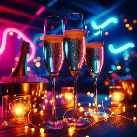 Glasses of champagne with bokeh lights on the background.の素材
