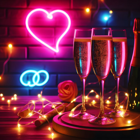 Glasses of champagne with glowing lights and hearts on brick wall backgroundの素材