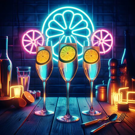 Glasses of champagne with lemon slices and ice cubes on wooden backgroundの素材
